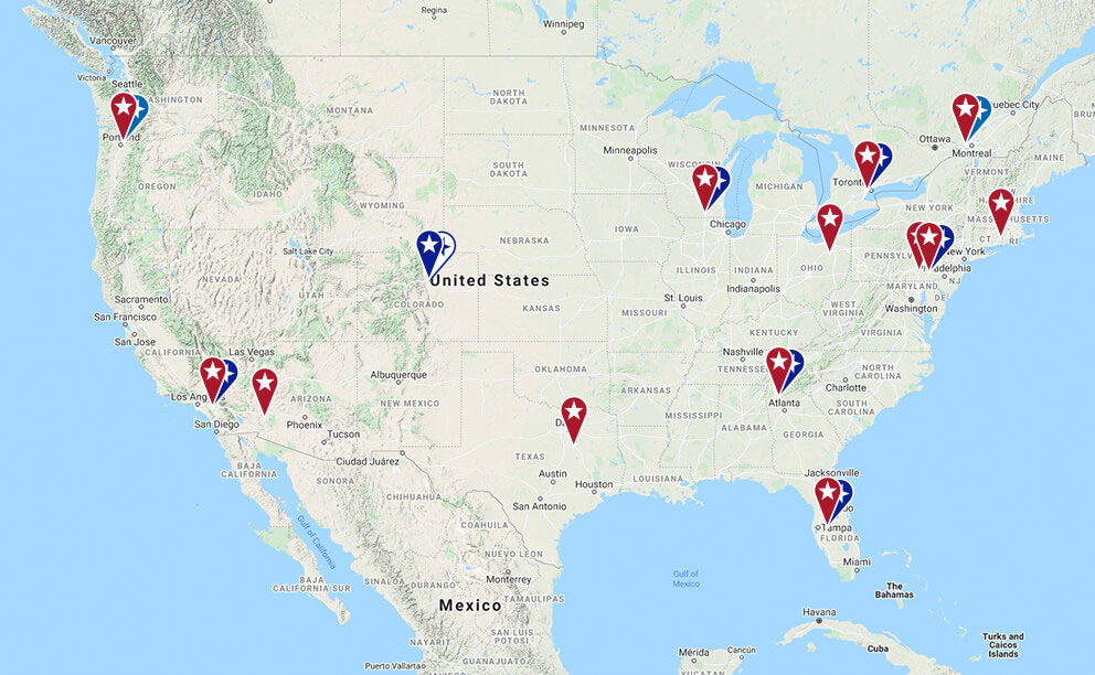 Map showing the United States and Canada, with 14 manufacturing and 8 service locations displayed from coast to coast. 